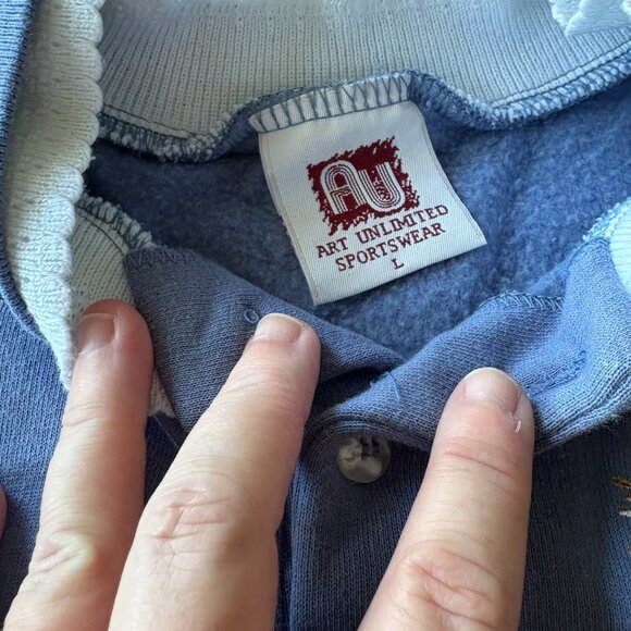 Vintage Art Unlimited Bird Sweatshirt | 80s Blue Button Neck | Cottagecore | L - Picture 3 of 14